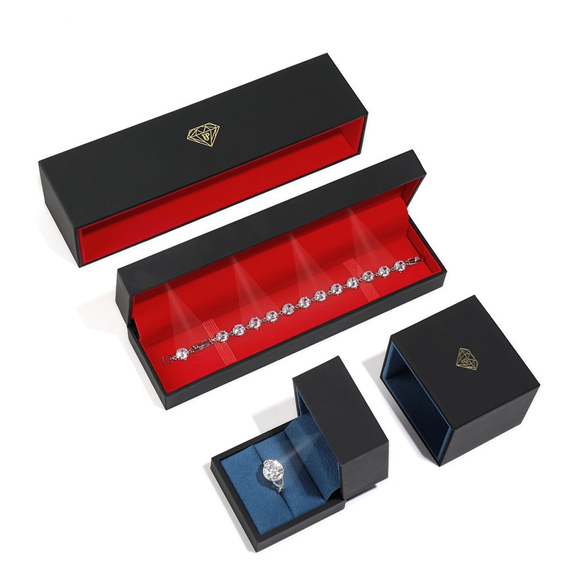 custom drawer blue suede specialty paper gold stamping luxury light sleeve package custom ring led jewelry box 1