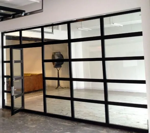 Aluminum Frame Overhead Lifting Tempered Glass Panel Sectional Garage Door with Walk Through Door 1
