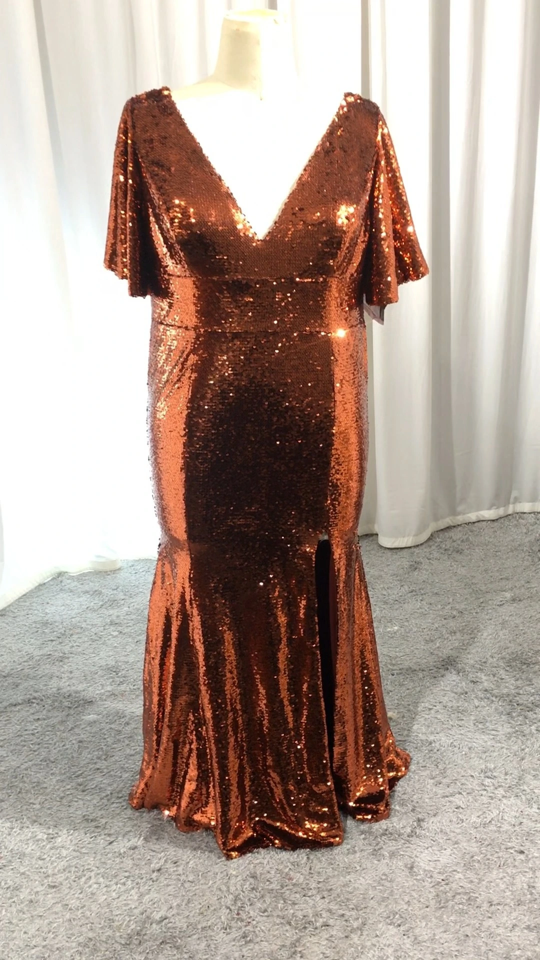 Fashion Orange Sequin Prom Party Dress Plus Size Flowing Short Sleeves RSE996 Wedding Guest Dress With Slit 1