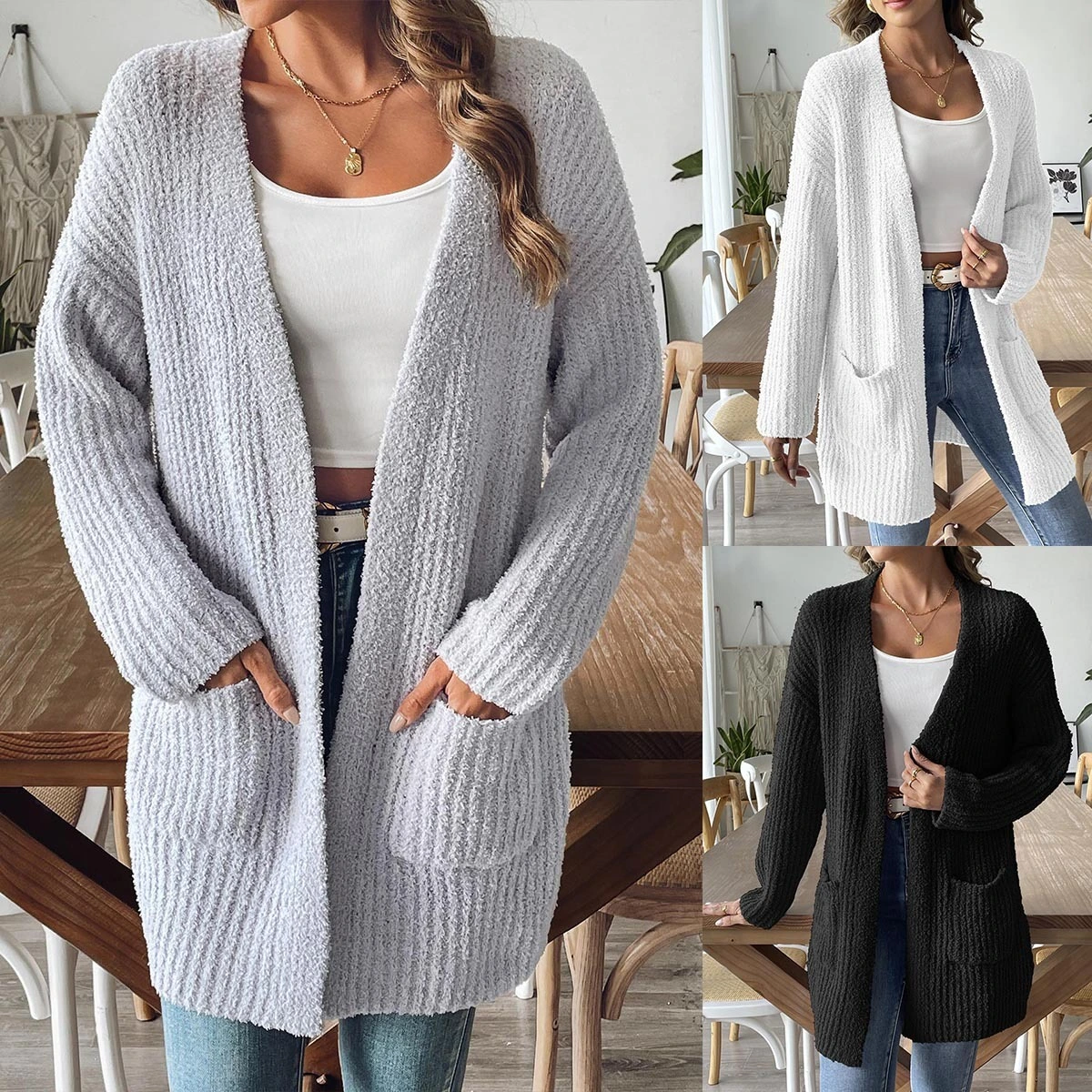 Производитель зима новые модные открытые передние свитеры Coats женские вязаные длинные кардиганы с карманами с карманами 1