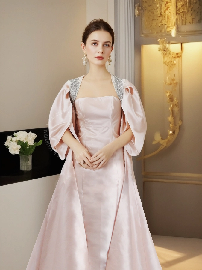 Tulip Sleeve A-Line Pink Mikado Wedding Dress RSE952 Arabia Evening Gown With Long Cape 1