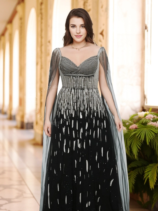 Gorgeous Arabic Formal Black Prom Dresses Evening Dress With Cape RSE978 Black Party Gowns Dress Dubai Women Luxury 1