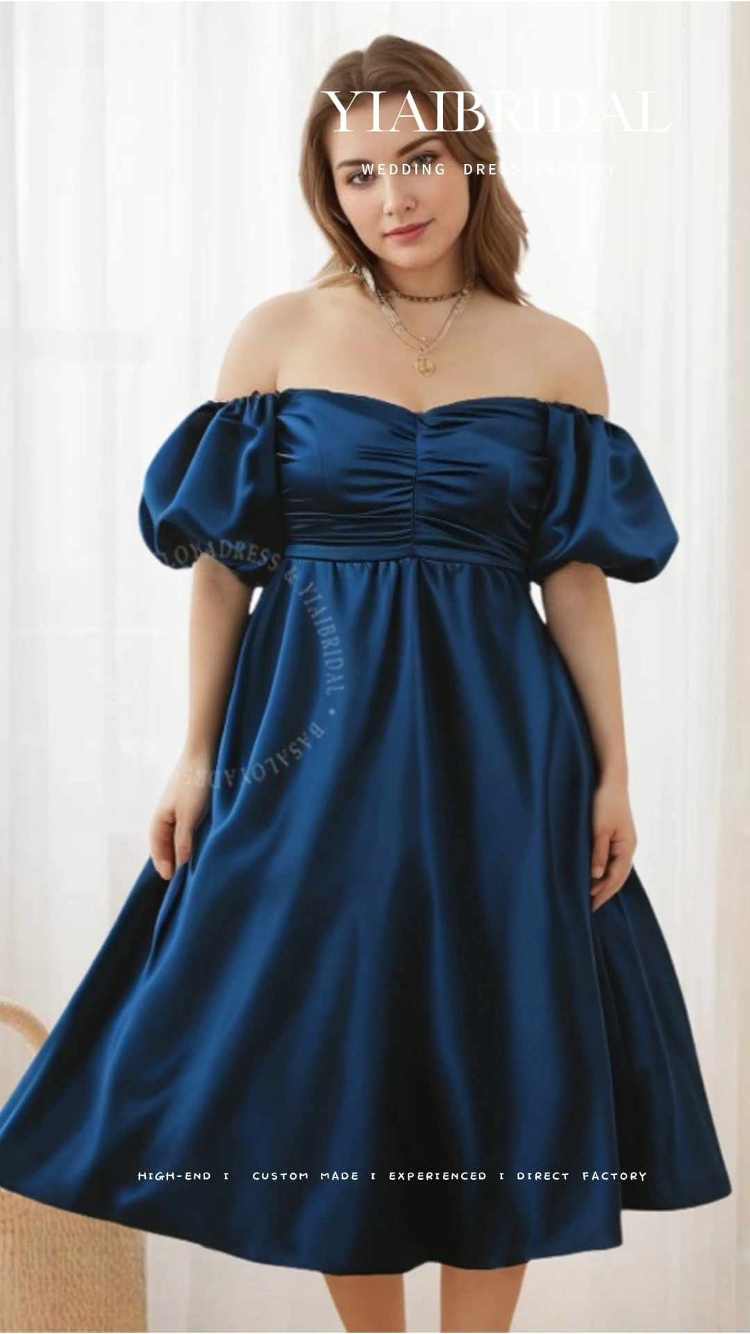Plus Size Ruched Sweetheart Neck Royal Blue Prom Dresses RSE1005 Navy Blue Satin Short Sleeve High Waist Off Shoulder A Line Dress Maxi Dress 1