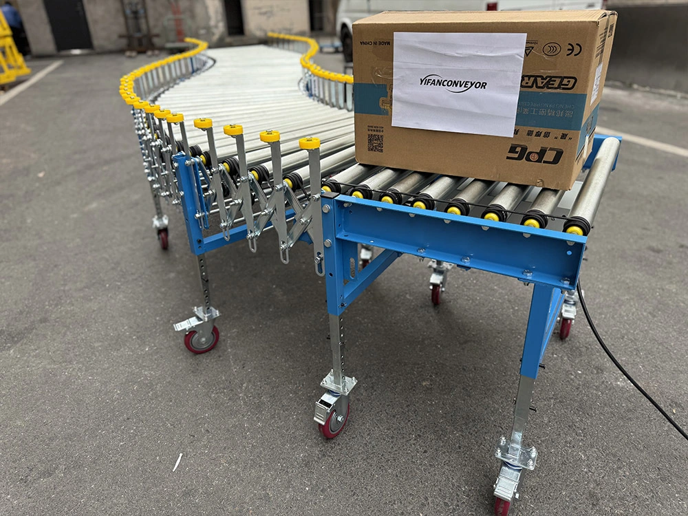 Motorized Expandable Conveyor Roller System with Two Side Guide Wheels 1