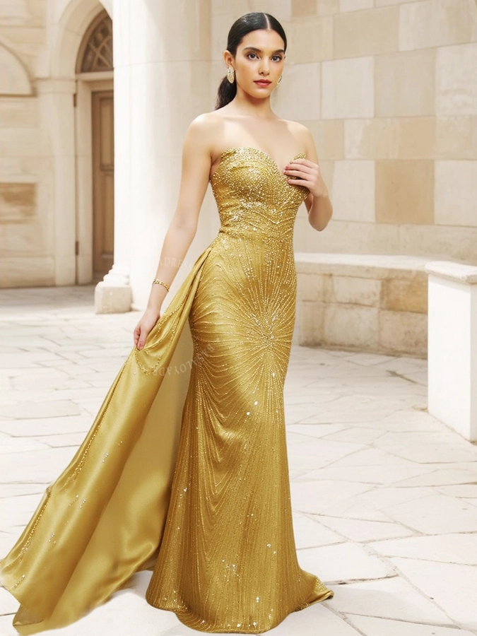 Gold Mermaid Evening Dresses RSE959 Prom Gowns With Detachable Train 1
