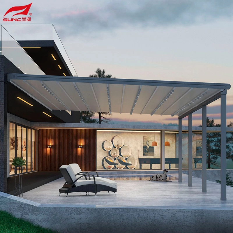 Pergola Atap PVC Tahan Air Luar Ruangan yang Dapat Ditarik untuk Desain Restoran 2
