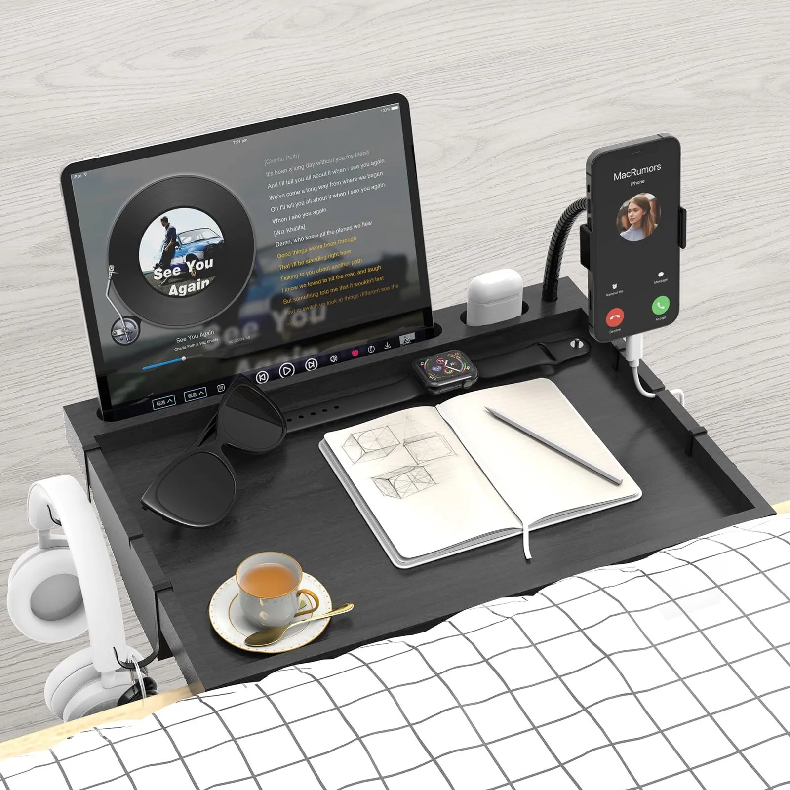 Étagère au chevet avec porte-téléphone pour lit, organisateur d'étagère de lit en bambou pour superficie, clip sur la table de nuit pour dortoir 1