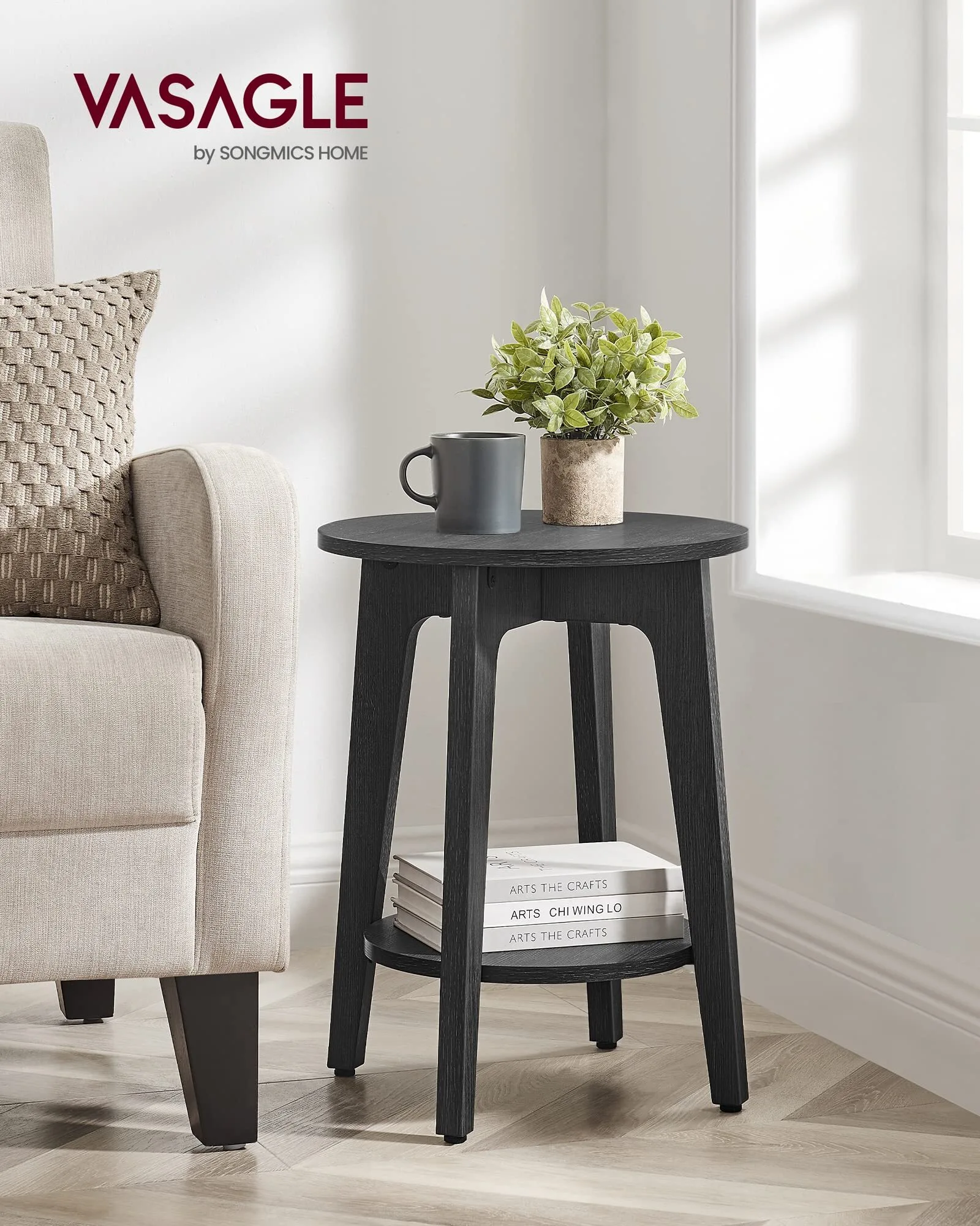 Table d'extrémité rond noire avec une table de chevet de l'étagère inférieure pour les petits espaces Utilisation de la chambre à coucher du salon également pour les meubles à manger 1