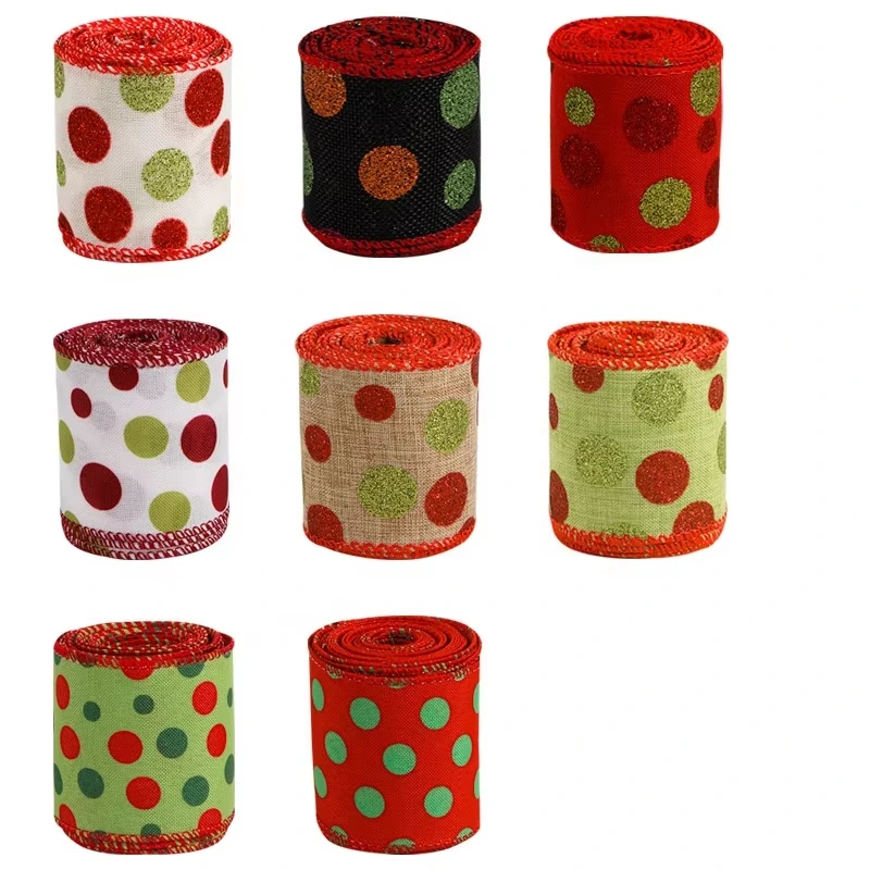 2.5 Christmas Glitter Polka Dot Wired Ribbon, Red Green White Black Burlap Ribbon for Wreaths, Gift Wrapping & Holiday Decor 1