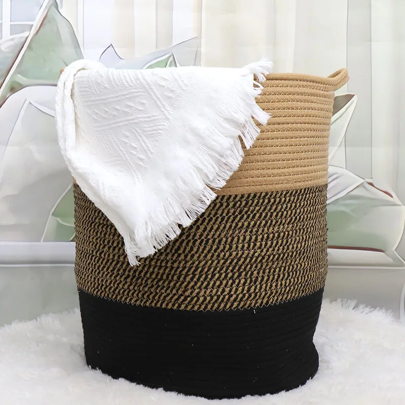 Cesta de lavandería de algodón Diseño de doble manija de doble manija marrón y negro Diseño de color de doble juego de combate Gran capacidad 1