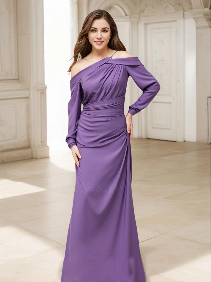 Off Shoulder Long Sleeve Draped Chiffon Gown RSE1018 Plus Size With Slit Column Purple Mother Of The Bridal Dress 1