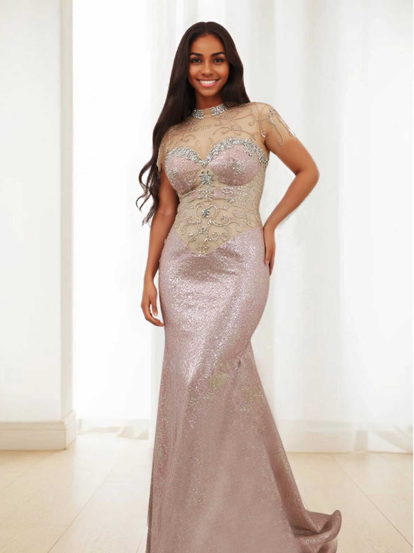 Pink Prom Dresses RSE976 Long Sleeves Appliques Embroidery Plus Size Custom Made Printed Satin Evening Gowns 1