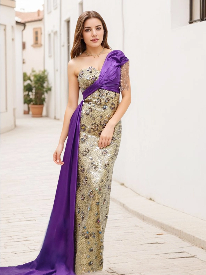 New Banquet Atmosphere Party Dress RSE980 One Shoulder Host Long Plus Size Golden Purple Evening Dress for Women 1