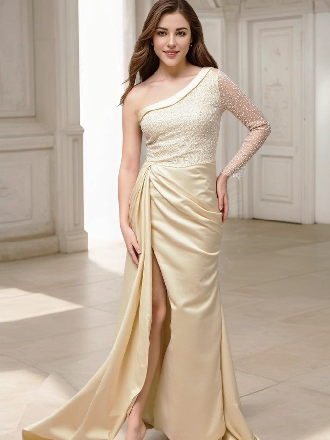 Yiaibridal Saudi Arabia One-shoulder Wedding Party Dress RSE993 High Slit Prom Dress Champagne Satin Evening Dress 1