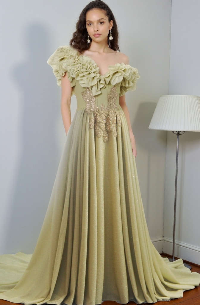 Ruffle Shoulder Straps Custom lade Evening Dress RSE949 Princess A Line Green Champagne Prom Dress 1