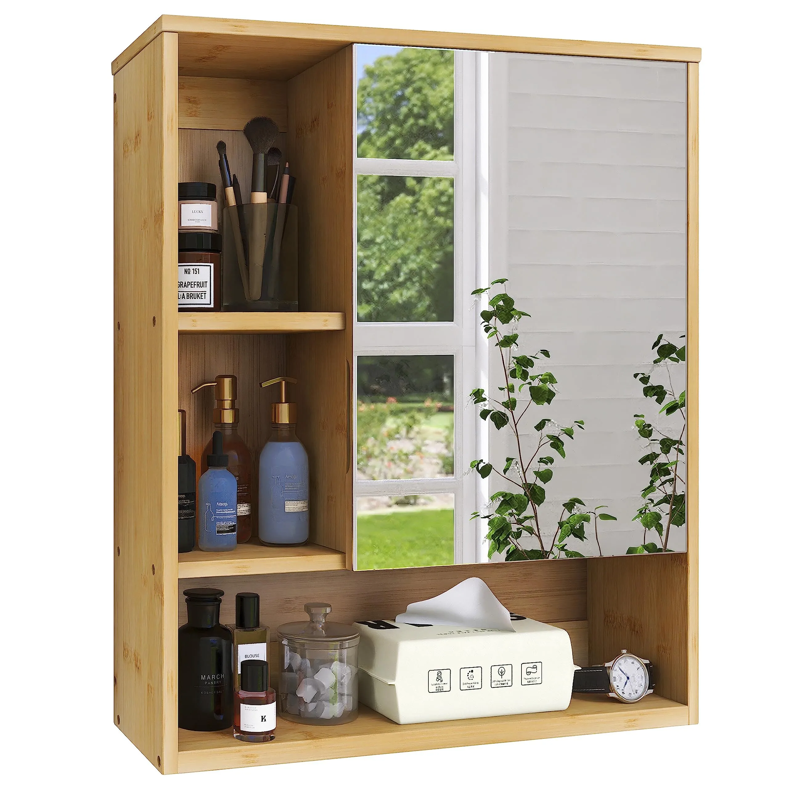 Gabinete de espejo para baño montado en la pared, gabinete de medicinas de bambú que ahorra espacio, gabinete de almacenamiento para colgar en la pared sobre el inodoro con puerta de espejo y estante ajustable (natural) 1