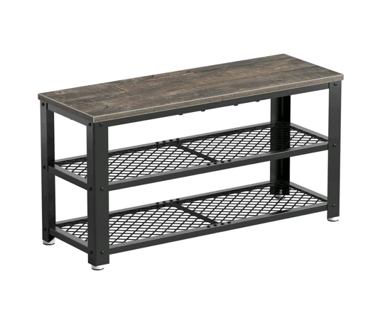 Banc à chaussures en bois, étagère à chaussures à 3 niveaux avec étagères en maille, siège en bois 1