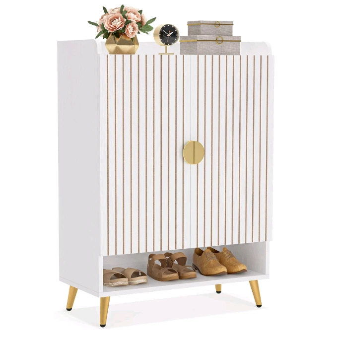 Meuble de rangement à chaussures en bois à 6 niveaux avec étagères et portes réglables, blanc 1