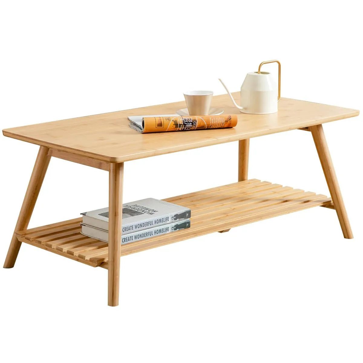 Table basse pliable en bambou, support TV du milieu du siècle avec étagère de rangement ouverte, table centrale pour meubles de salon, camping-car, sans assemblage 1