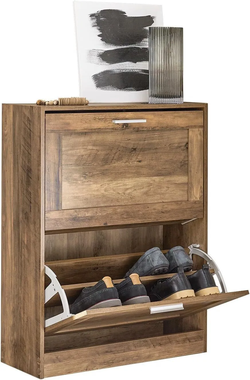Meuble à chaussures en bois avec 2 tiroirs rabattables, marron 1
