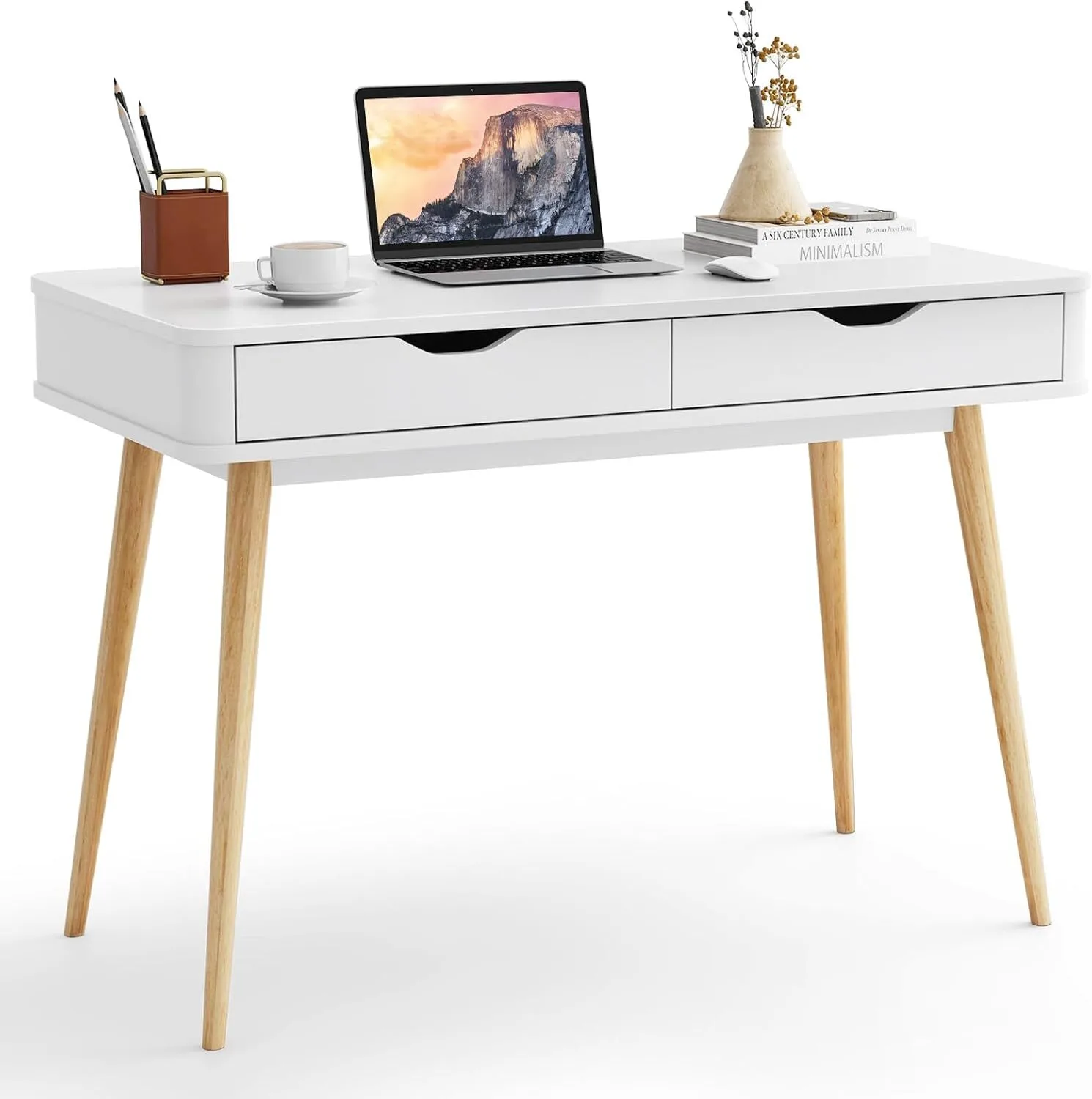 Mesa de madeira com 2 gavetas de armazenamento, mesa de estudo moderna com pernas 1