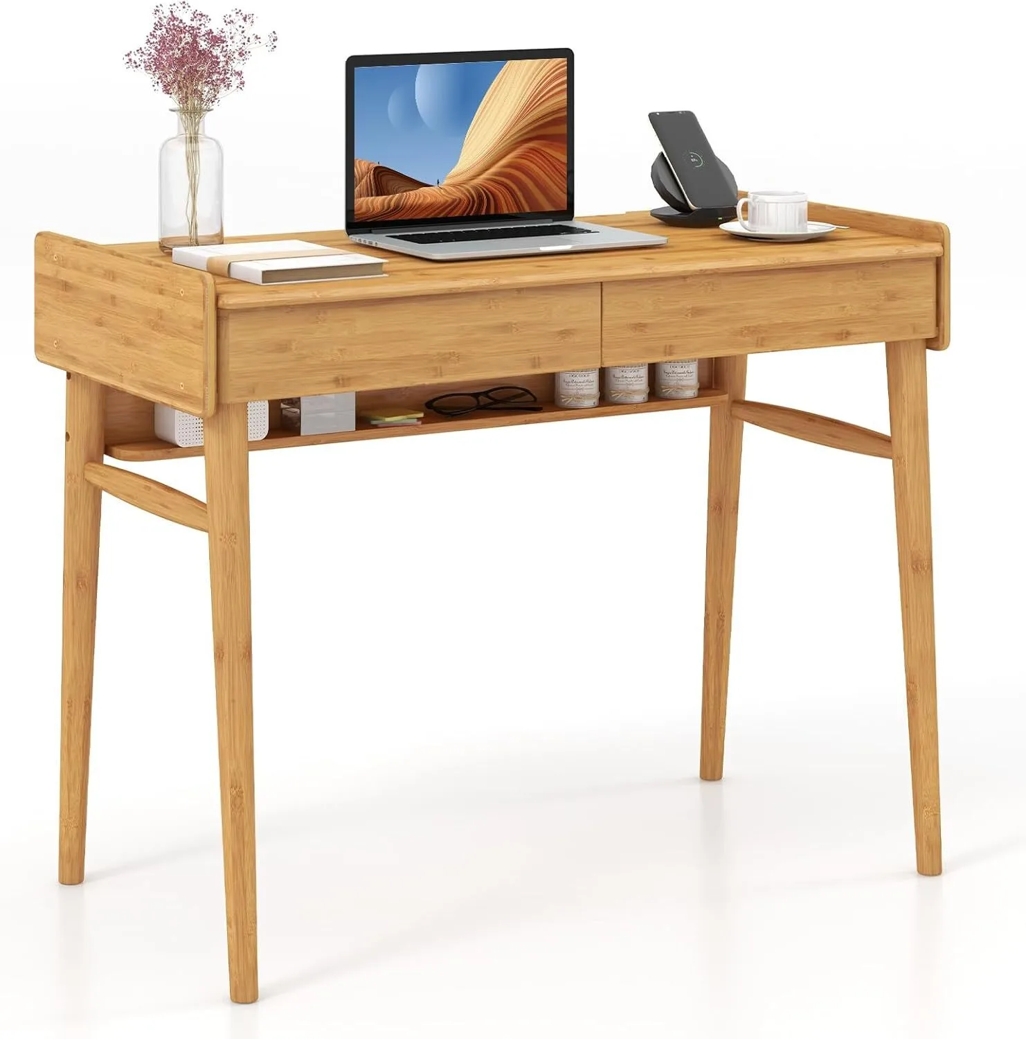 Bureau d&39;ordinateur en bambou avec 2 tiroirs de rangement et étagère ouverte 1