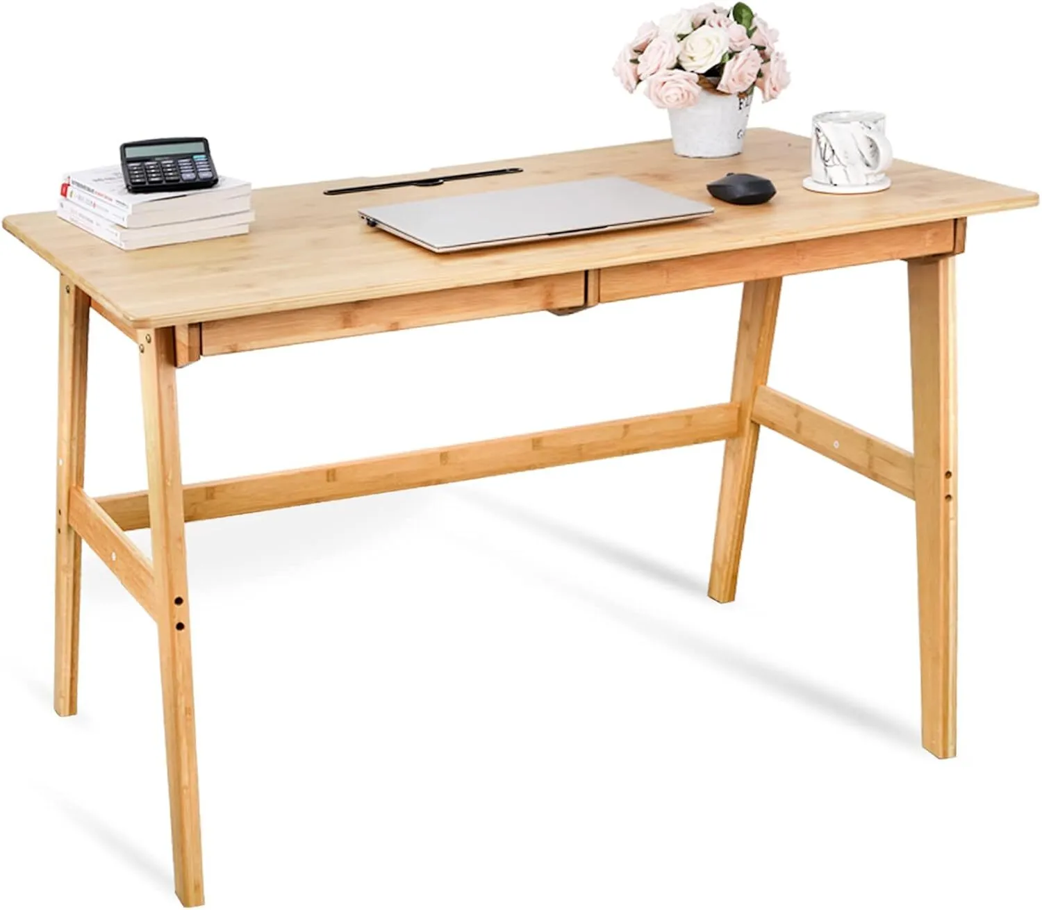 Bureau d&39;ordinateur en bambou avec 2 tiroirs, bureau d&39;écriture en bambou massif de 46 pouces pour bureau à domicile 1