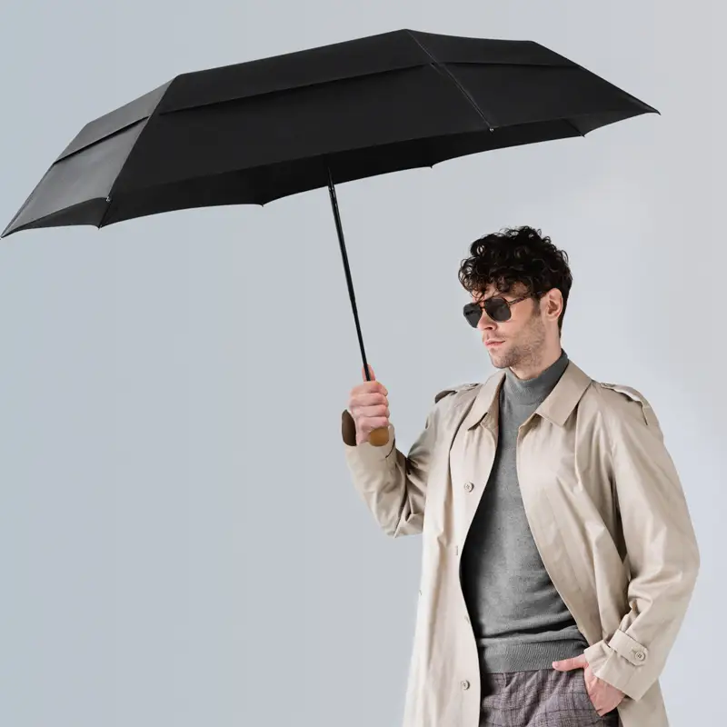 Parapluie pliant automatique à double couche avec logo personnalisé de 27 pouces à 8 baleines, à la mode &lt;000000&gt; Magnifique avec poignée en bois 1