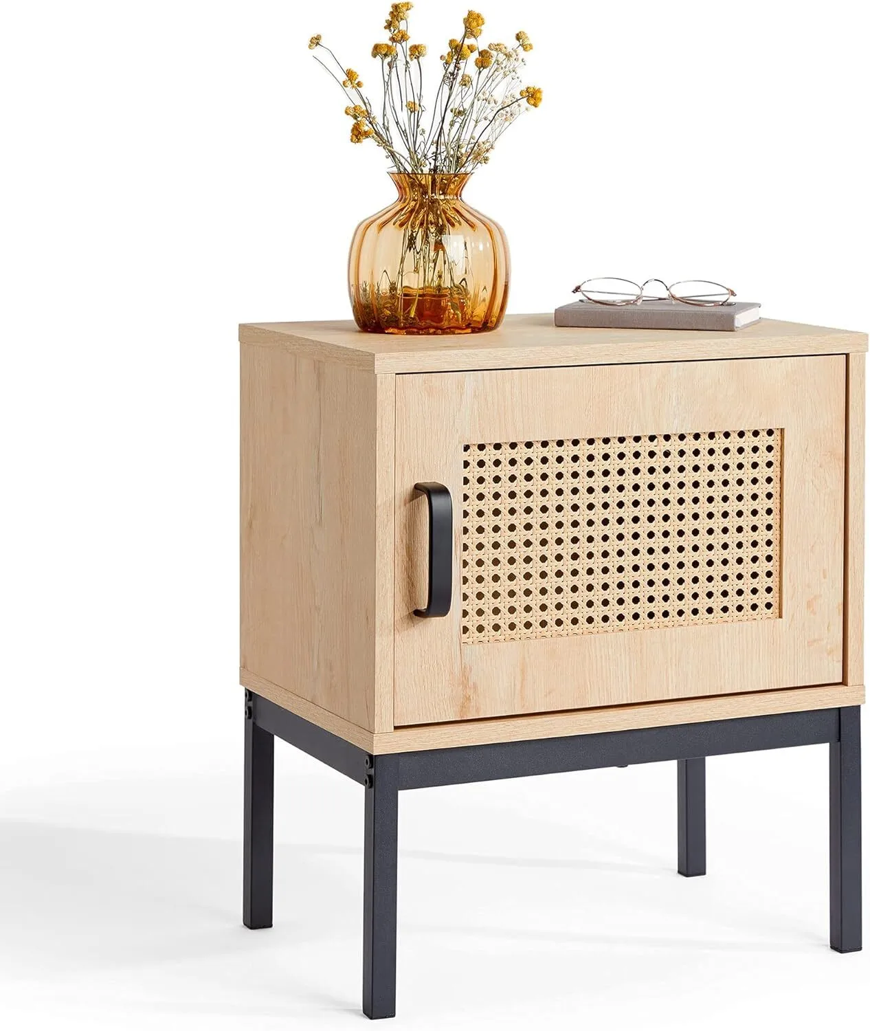 Wood Rattan Side Table with Door,Storage and Metal Leg for Lounge, Living Room, Bedroom 1