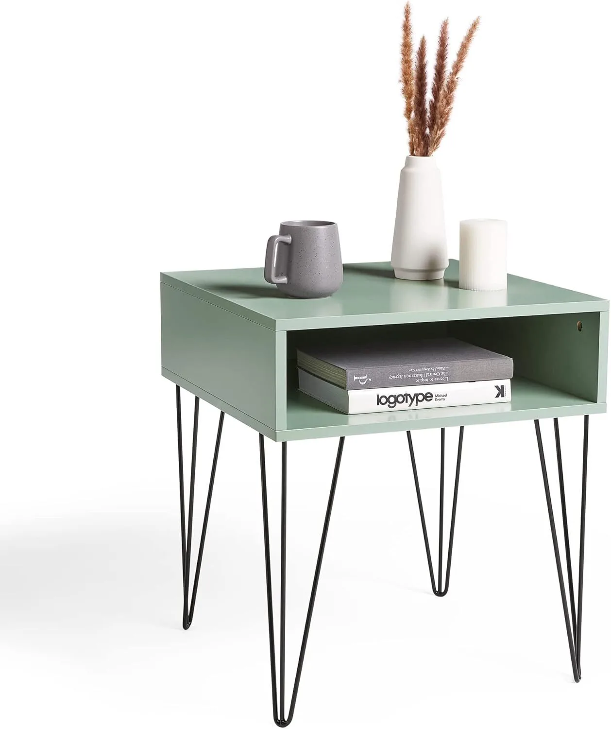 Wood Green End Table with Slim Black Metal Hairpin Legs & Spacious Open Shelf Storage for Bedroom 1