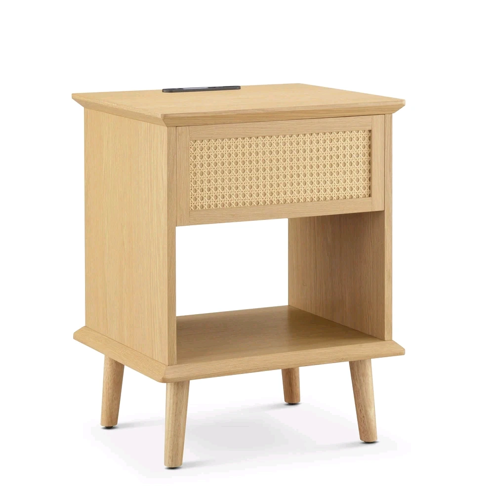 Mesita de noche de madera de ratán con cajón y espacio de almacenamiento para sala de estar 1