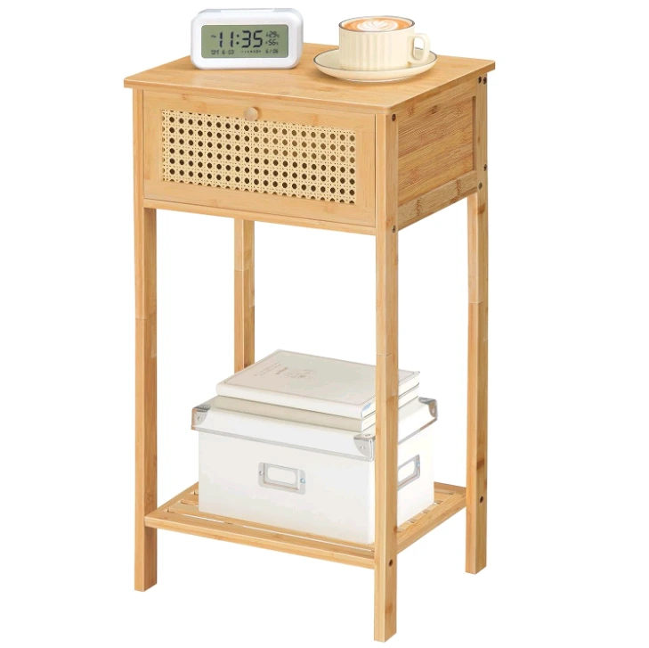 Bamboo Rattan Tall End Table, Side Table with Door Drawer for Small Space 1