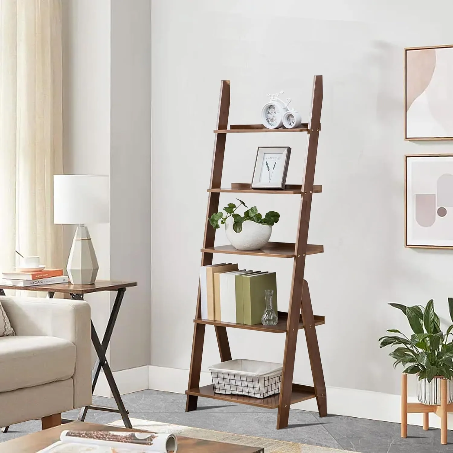 Étagère à 5 niveaux en bambou pour bibliothèque, étagère de rangement pour salon, chambre, cuisine, bureau à domicile 1