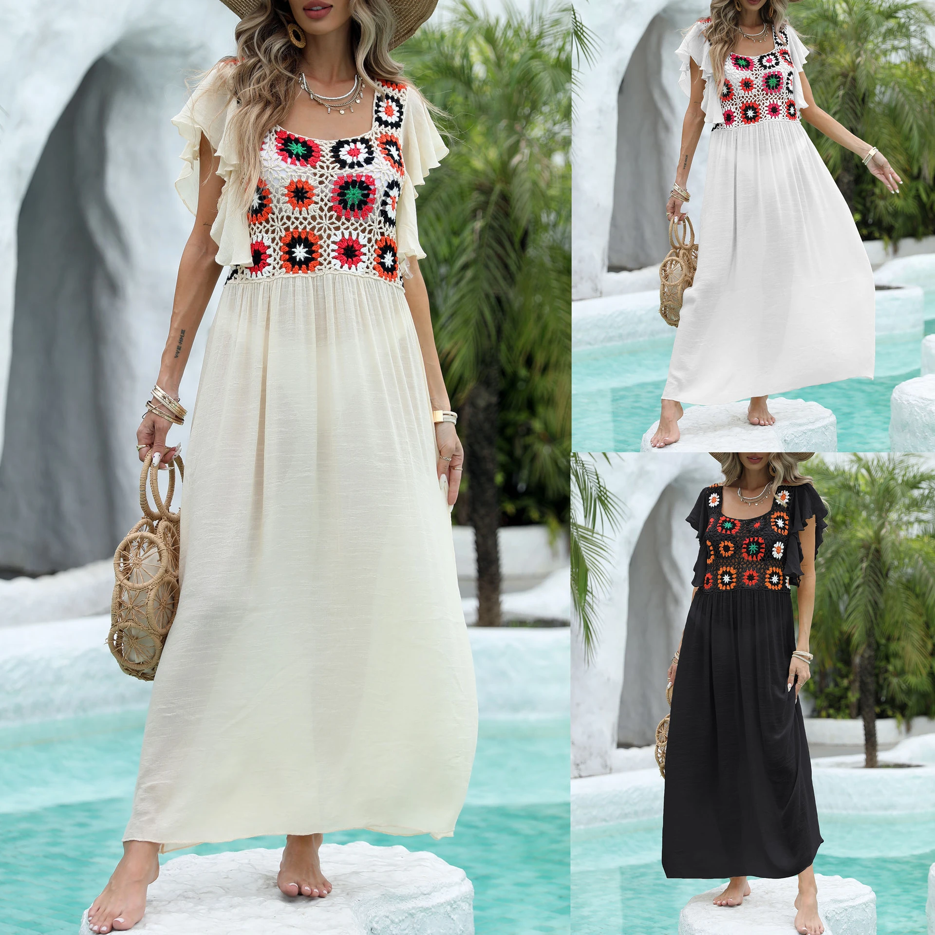 Wholesale Boho Beach Dresses with Crochet & Slub Cotton Fabric - Customizable Resort Wear for Bulk Orders 1