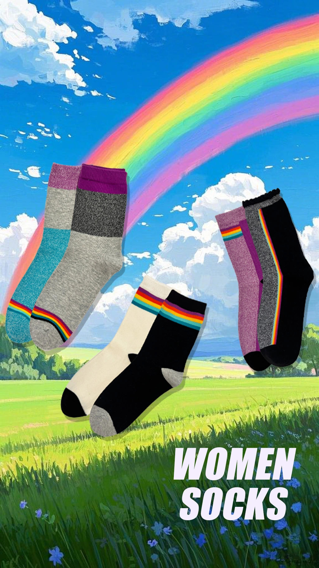 Calcetines de mujer personalizados - Calcetines de punto con diseño de arcoíris transpirables de alta calidad HY-W-040 1