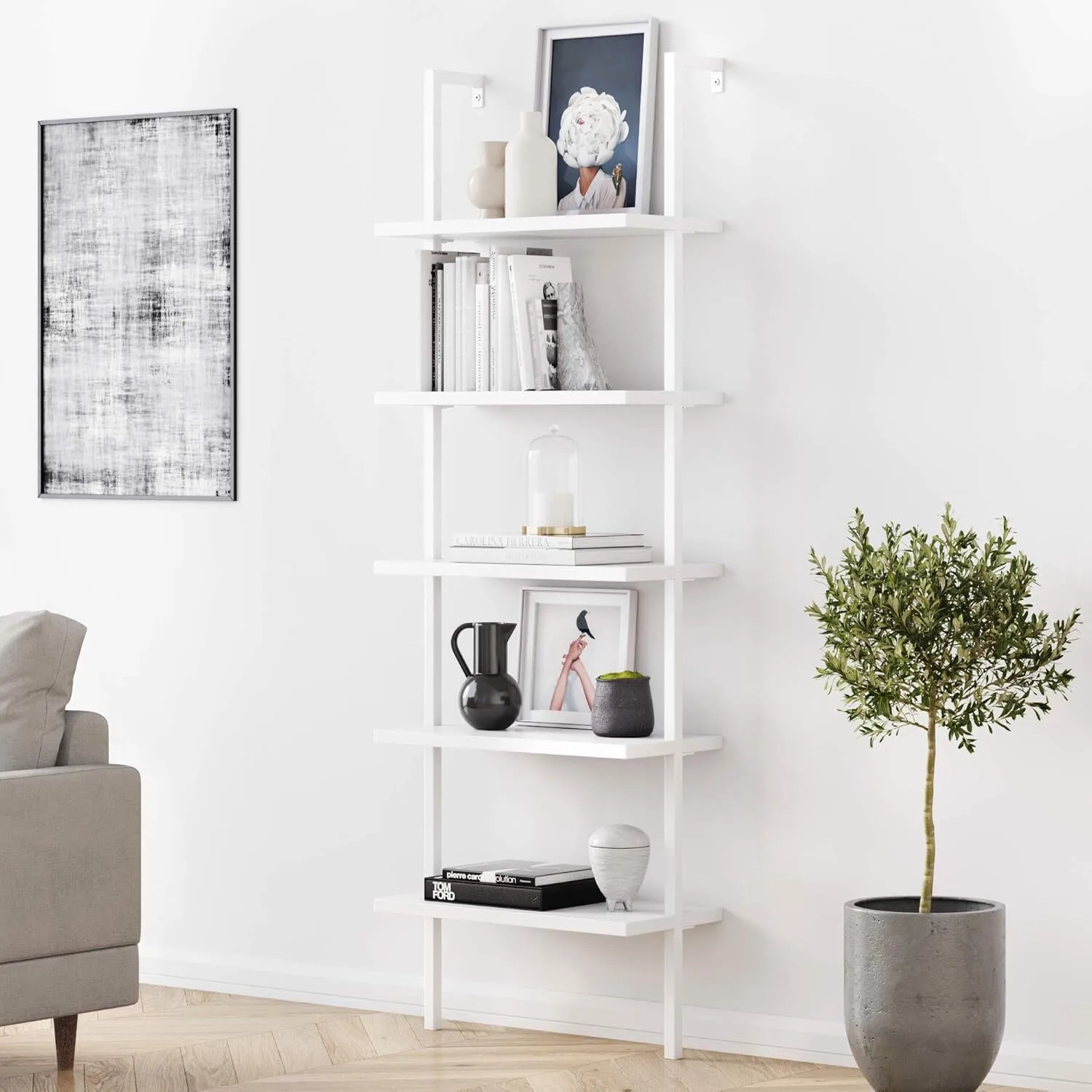 Librería moderna de madera con 5 estantes y estructura de metal industrial 1