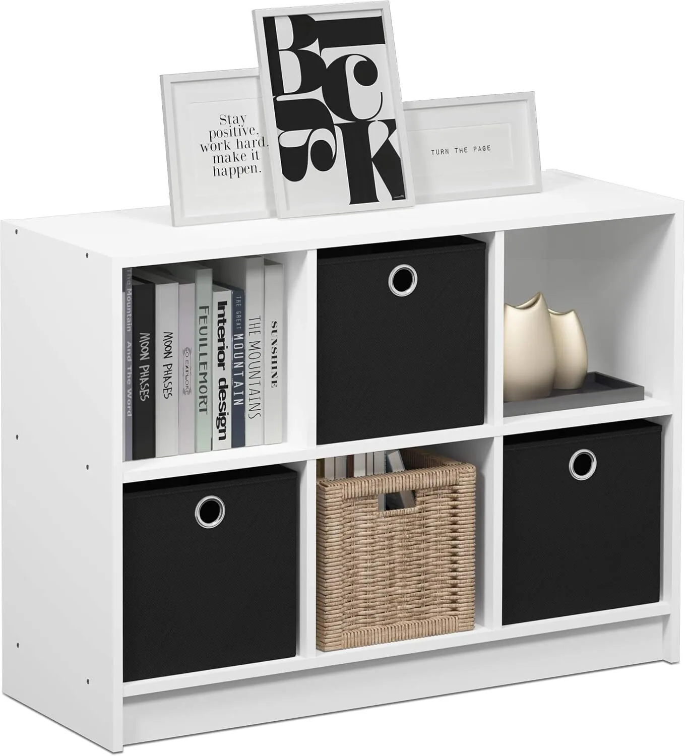 Bibliothèque de rangement en bois 3x2 avec bacs, blanc et noir 1