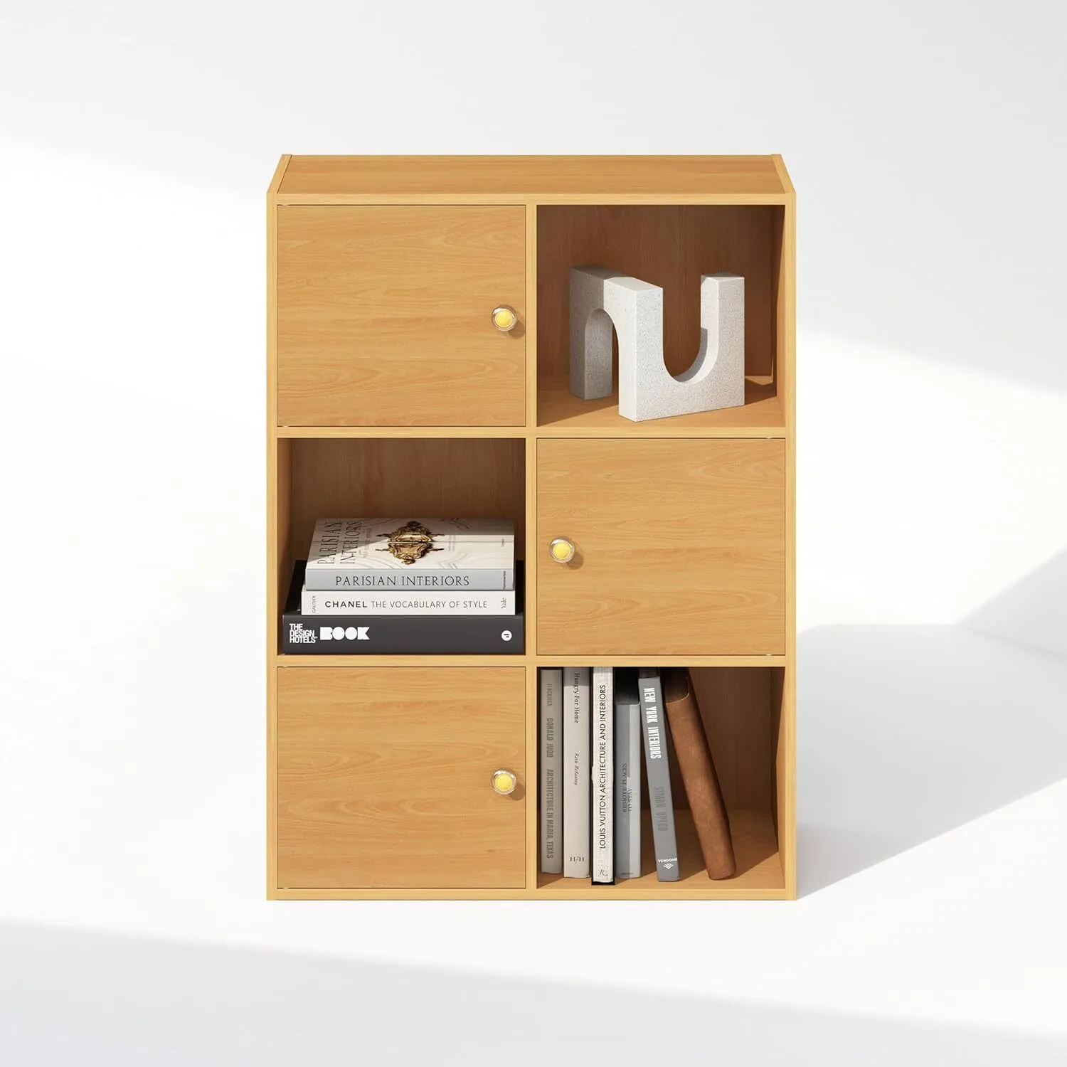 Organisateur de rangement en bois à 6 cubes avec 3 portes, hêtre à vapeur 1
