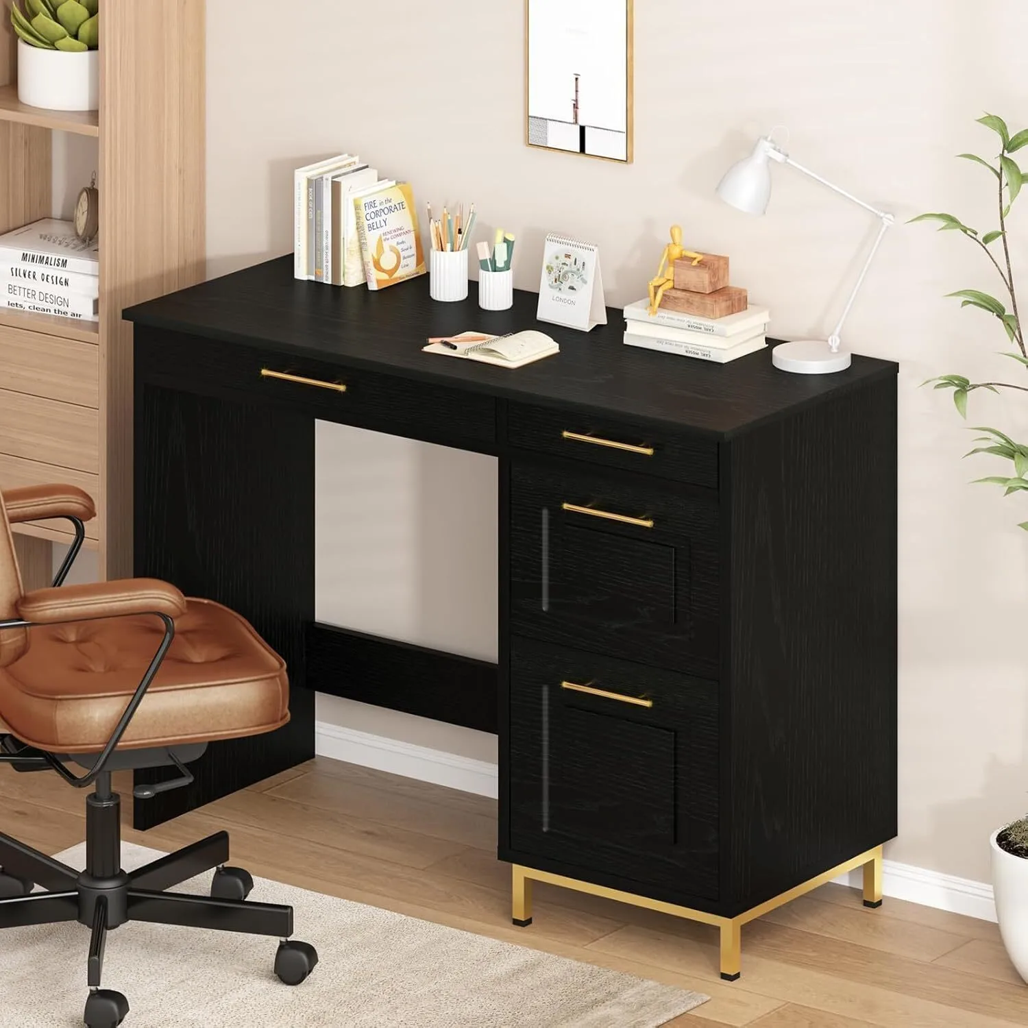 Bureau d&39;étude noir avec tiroirs et rangement, bureau d&39;écriture 1