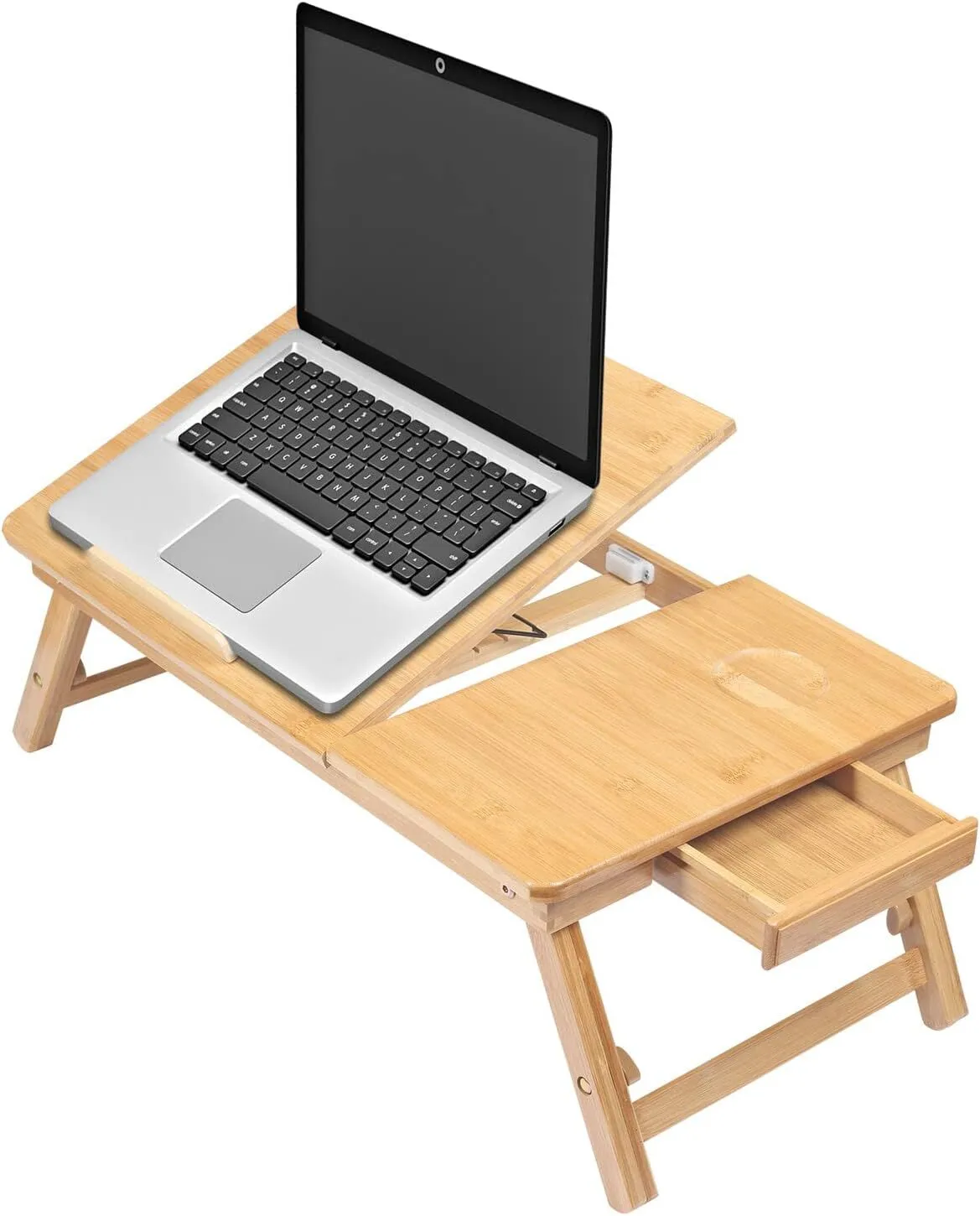 Table pliable en bambou pour ordinateur portable avec tiroir et pieds pour position debout 1