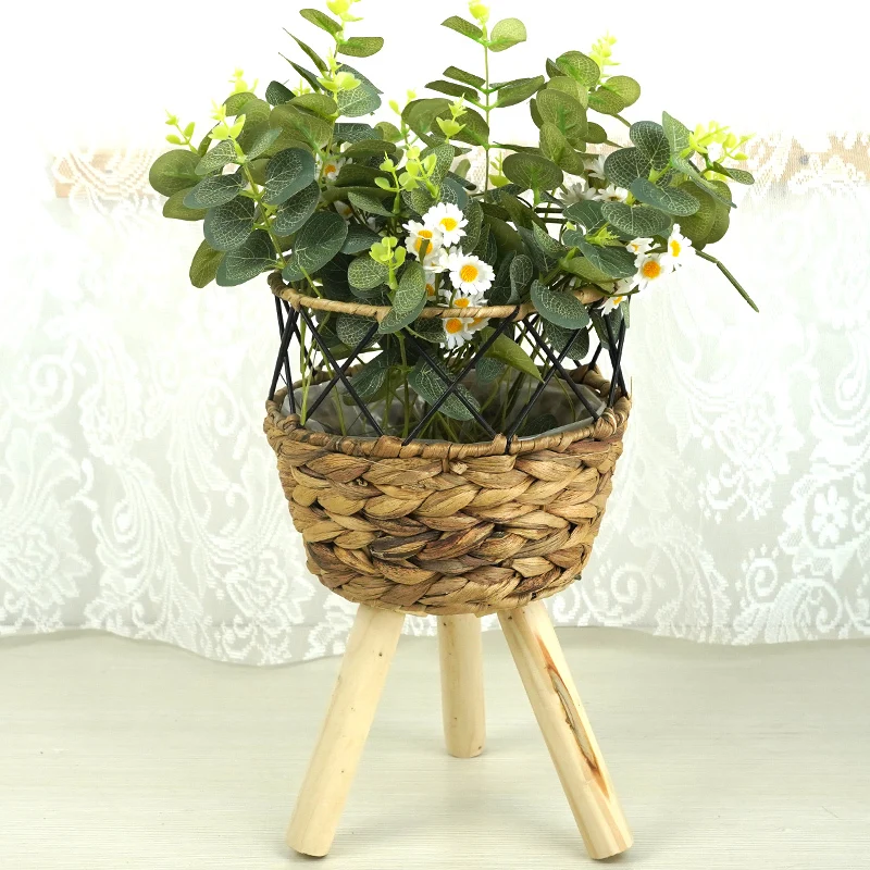 Nordic style  hand-woven straw flower pot  basket with wooden stand creative storage container for green plants and flowers available for wholesale 1