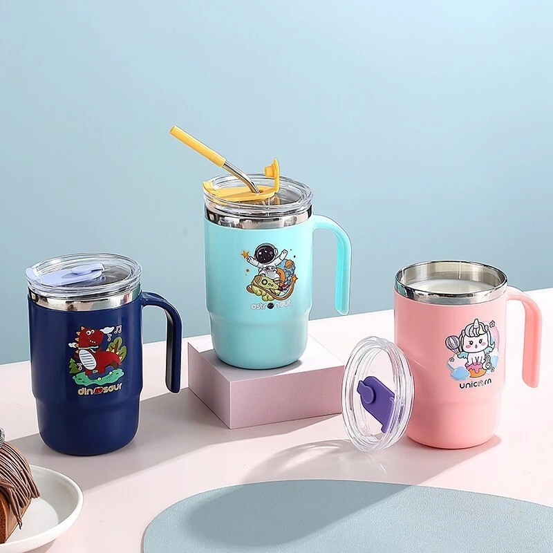 Simple Cartoon Insulated Cup, Household Stainless Steel Water Cup with Lid and Straw 1