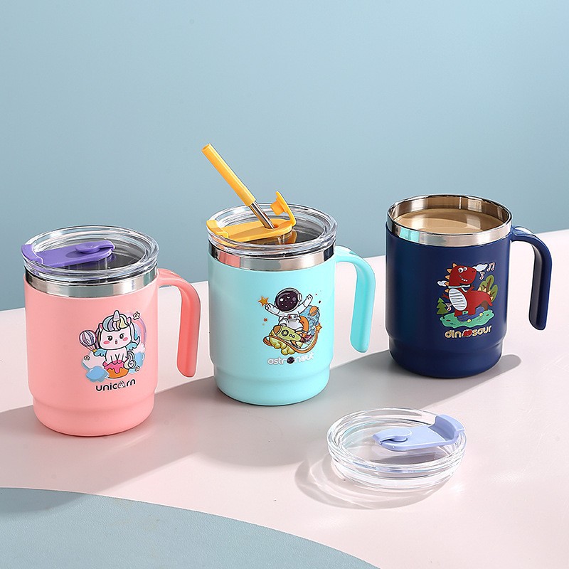 Simple Cartoon Insulated Cup, Household Stainless Steel Water Cup with Lid and Straw 3