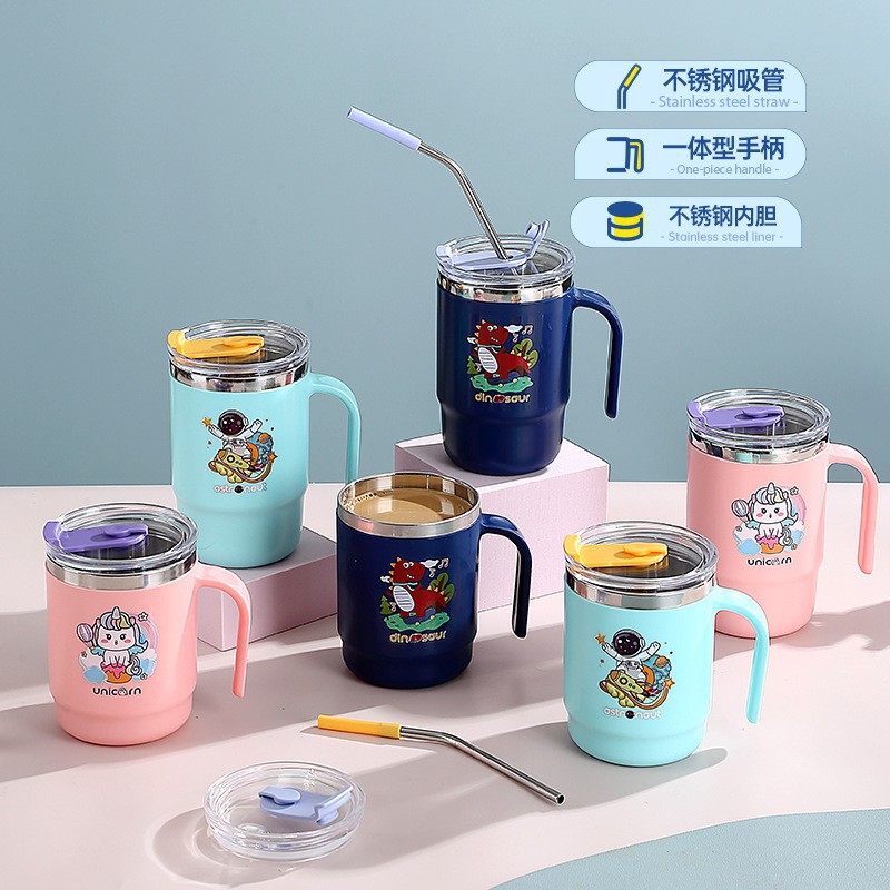 Simple Cartoon Insulated Cup, Household Stainless Steel Water Cup with Lid and Straw 2