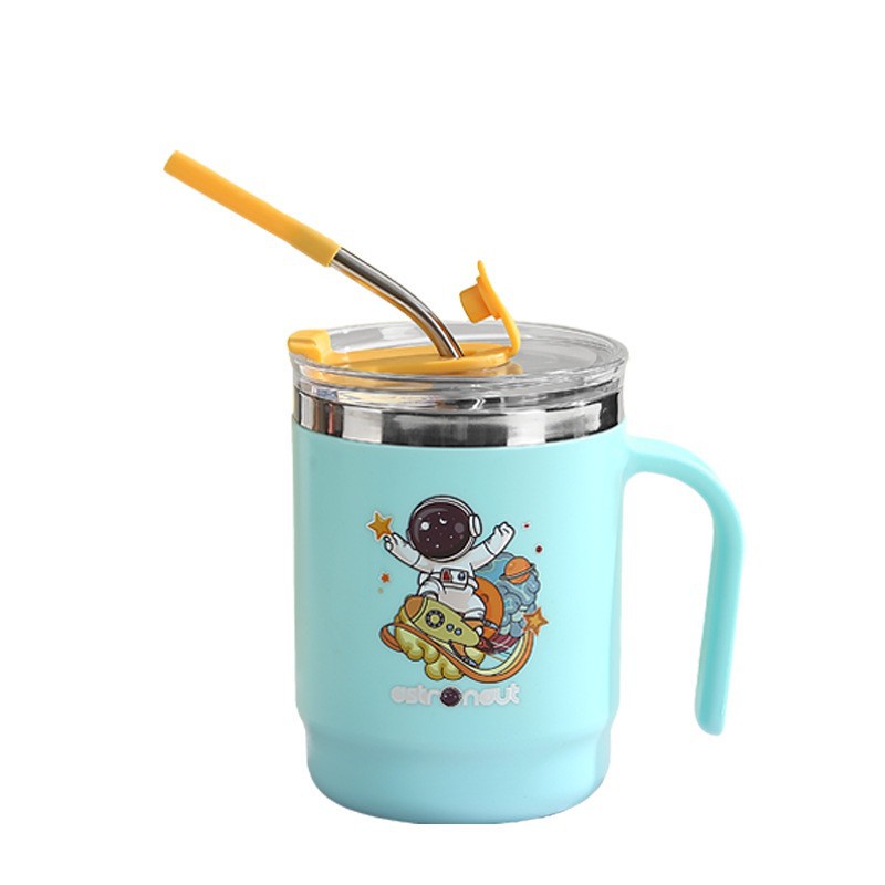 Simple Cartoon Insulated Cup, Household Stainless Steel Water Cup with Lid and Straw 9