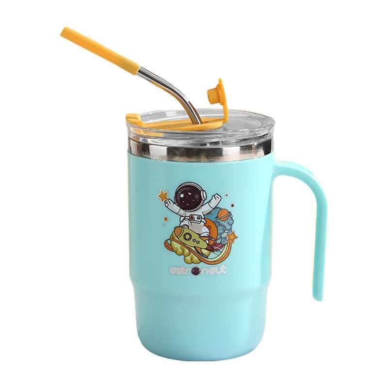 Simple Cartoon Insulated Cup, Household Stainless Steel Water Cup with Lid and Straw 10