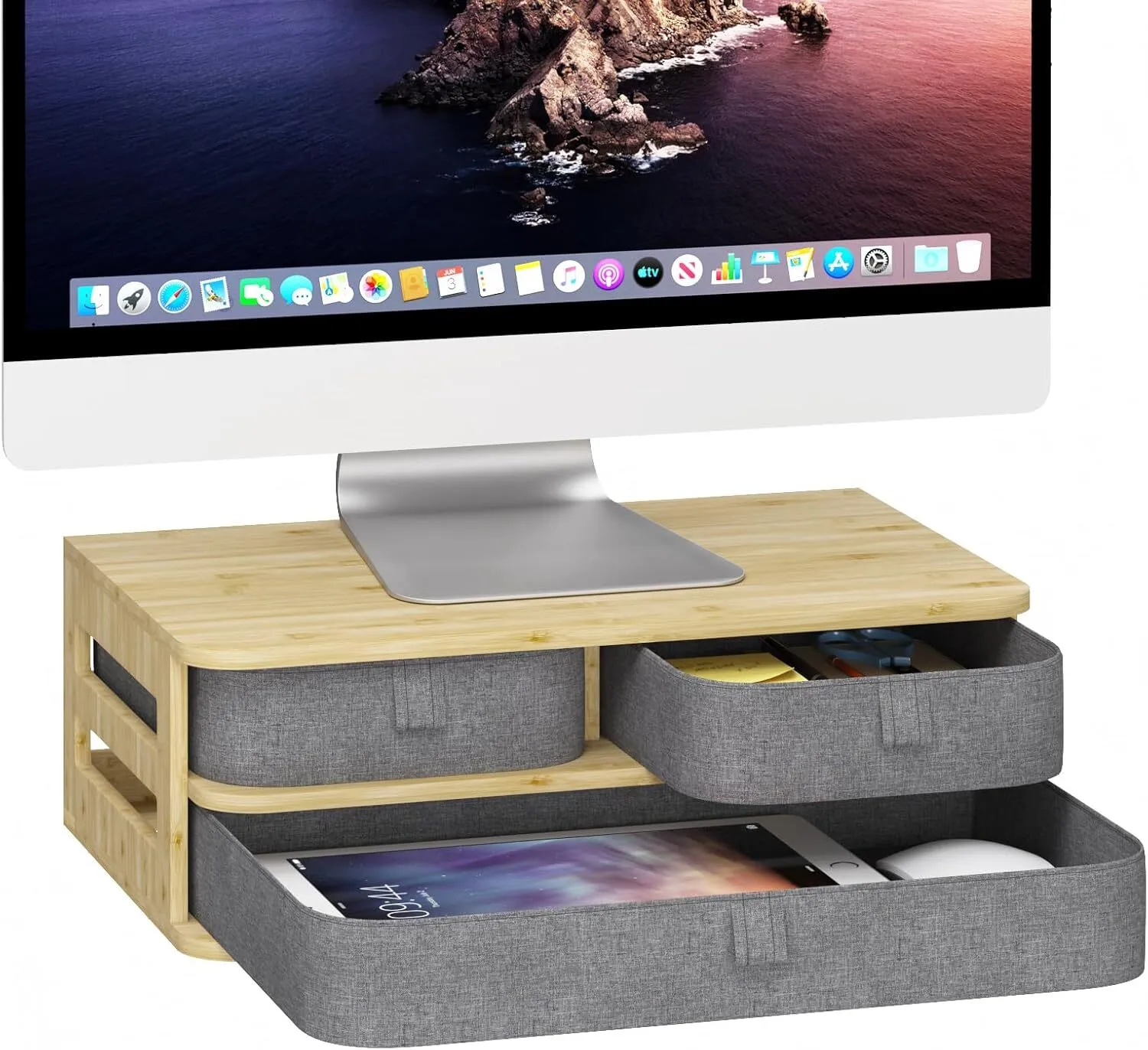 Suporte de monitor de bambu com 3 gavetas e armazenamento para computador, laptop, impressora 1