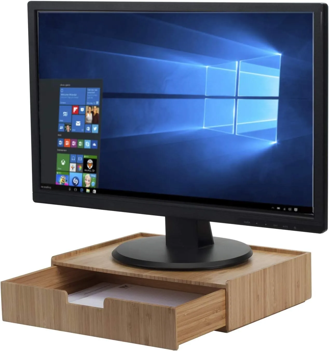 Support d&39;écran en bambou avec grand tiroir pour fournitures de bureau, couleur naturelle 1
