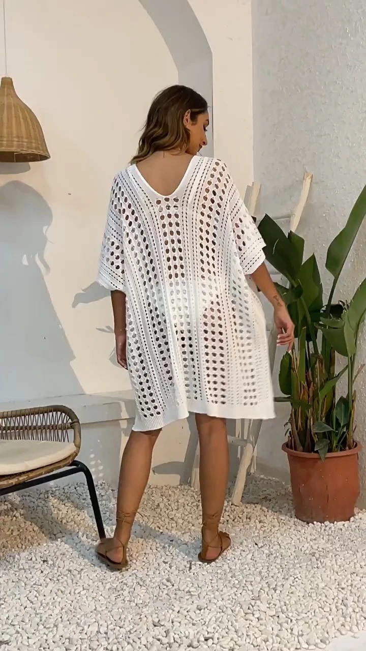 Wholesale Plus Size Machine Knit Beach Cover-Up Dress Deep V-Neck Sheer Side Slit Bikini Dress for Women 1