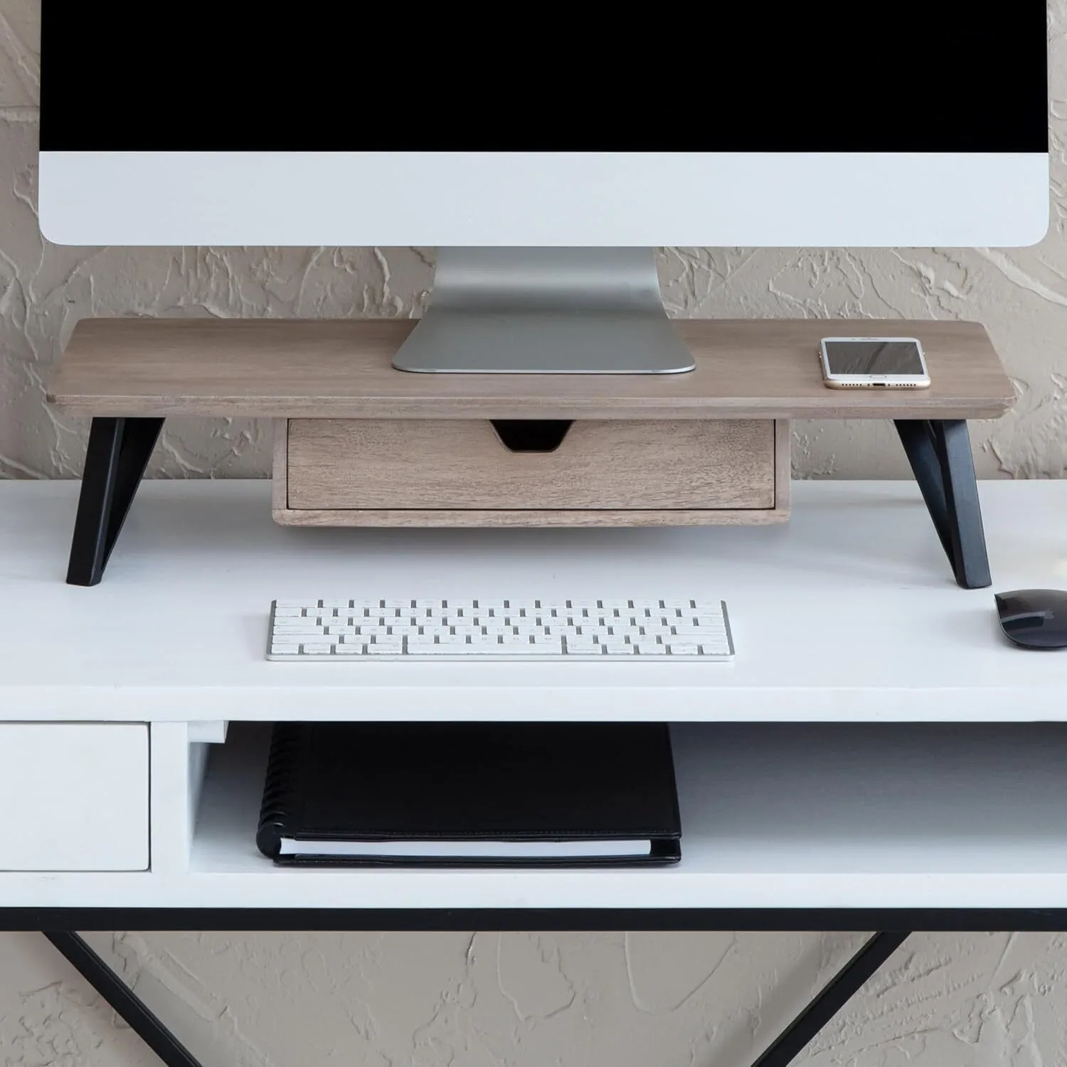 Soporte para monitor de madera y metal con pata de metal y cajón para organizar el escritorio 1